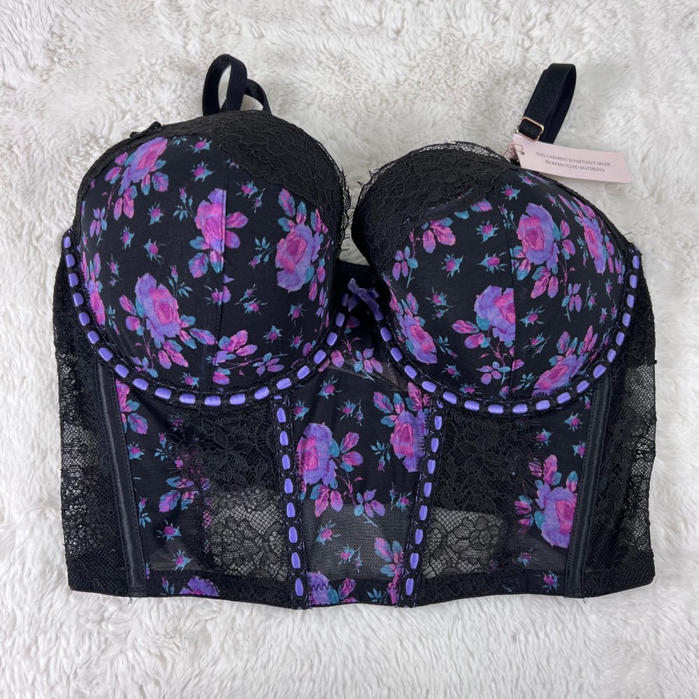 Victoria's Secret Floral Lace Demi Bustier Top Black Purple S-DD 528130-QD5 NWT